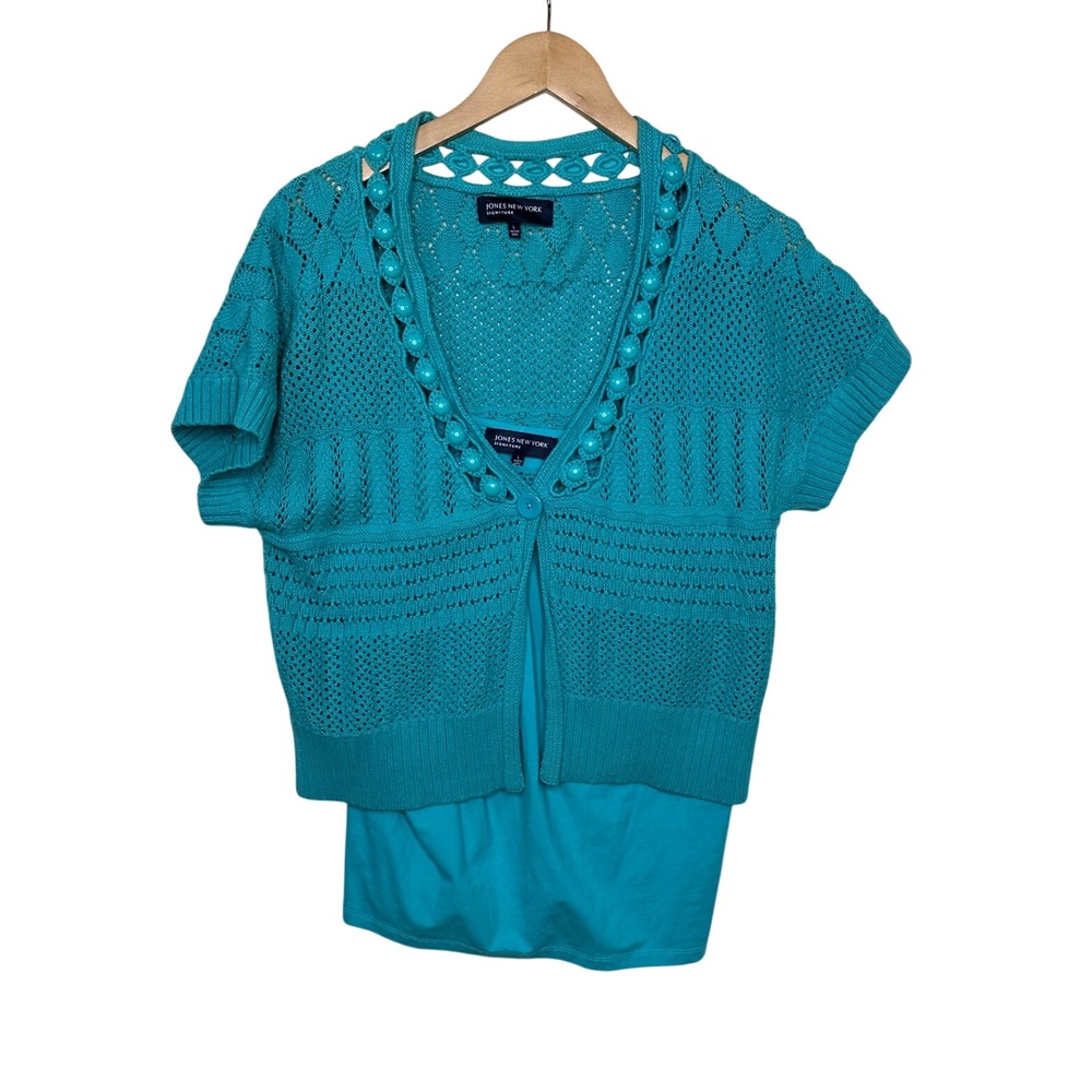 NWT Jones New York 2-Piece Knit Short Sleeve Cardigan & Tank Set size Large Blue